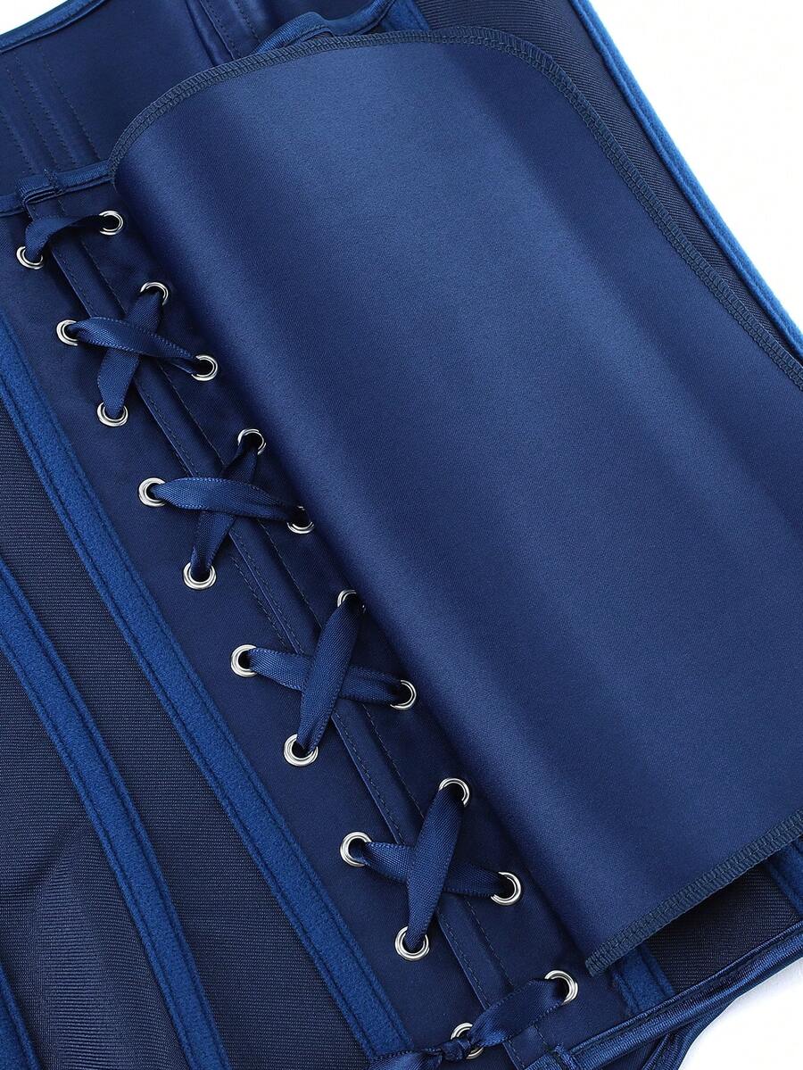 Black overbust corset top bustier with 11 steel bones, side zipper, and grommet eyelet detailing for waist shaping.