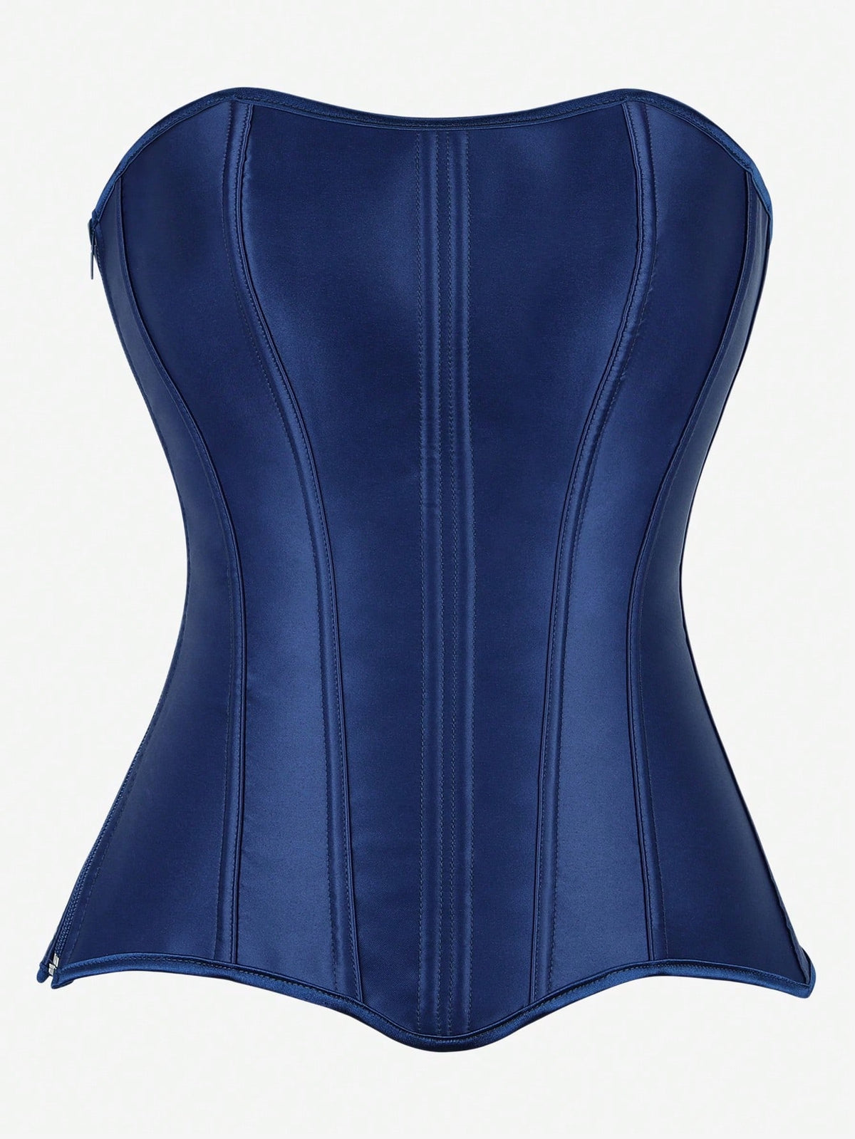 Black overbust corset top bustier with 11 steel bones, side zipper, and grommet eyelet detailing for waist shaping.