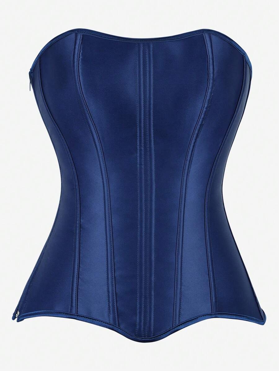 Black overbust corset top bustier with 11 steel bones, side zipper, and grommet eyelet detailing for waist shaping.