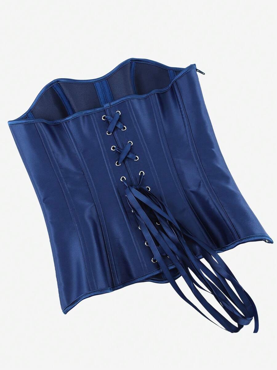 Black overbust corset top bustier with 11 steel bones, side zipper, and grommet eyelet detailing for waist shaping.