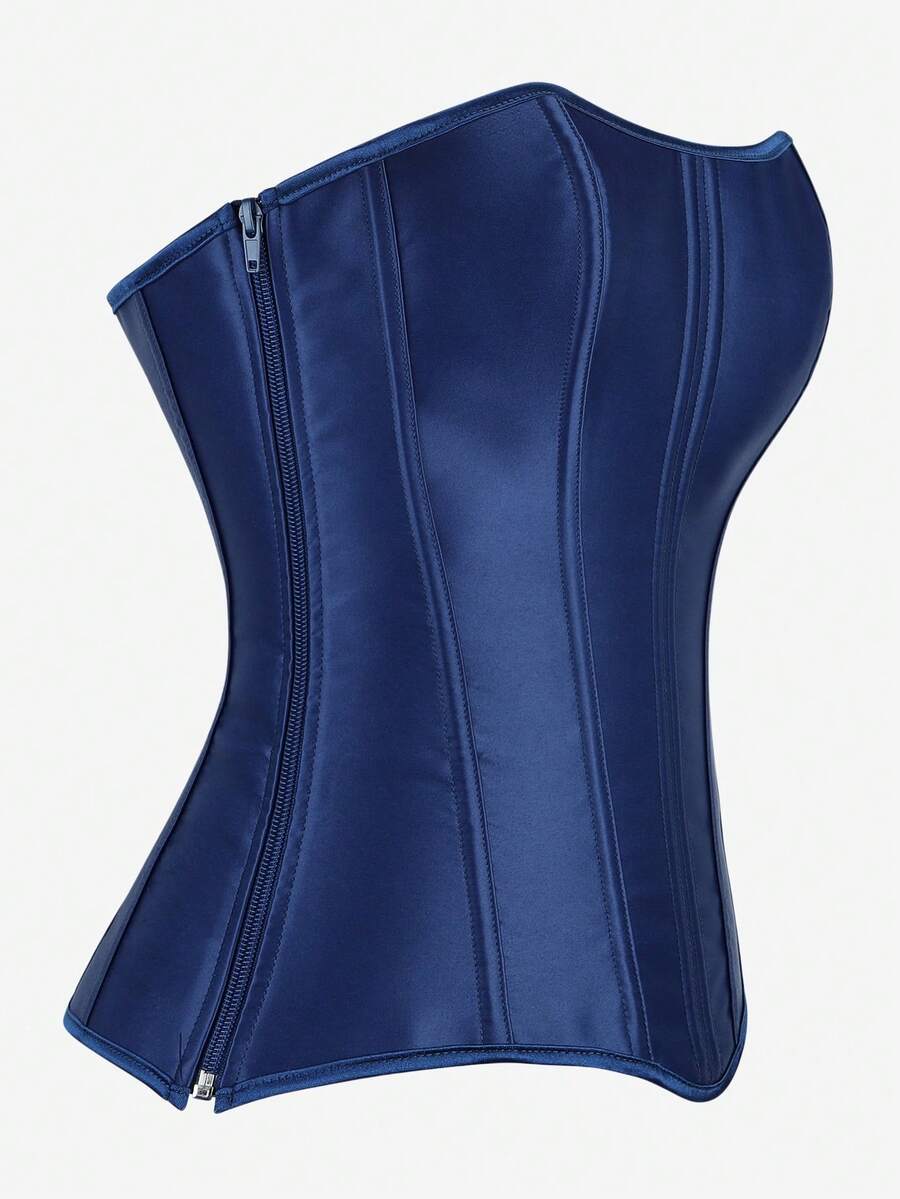 Black overbust corset top bustier with 11 steel bones, side zipper, and grommet eyelet detailing for waist shaping.