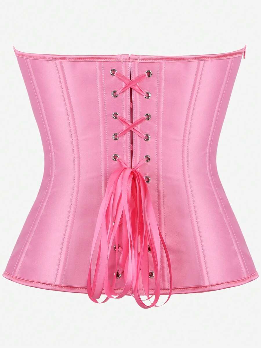 Black overbust corset top bustier with 11 steel bones, side zipper, and grommet eyelet detailing for waist shaping.