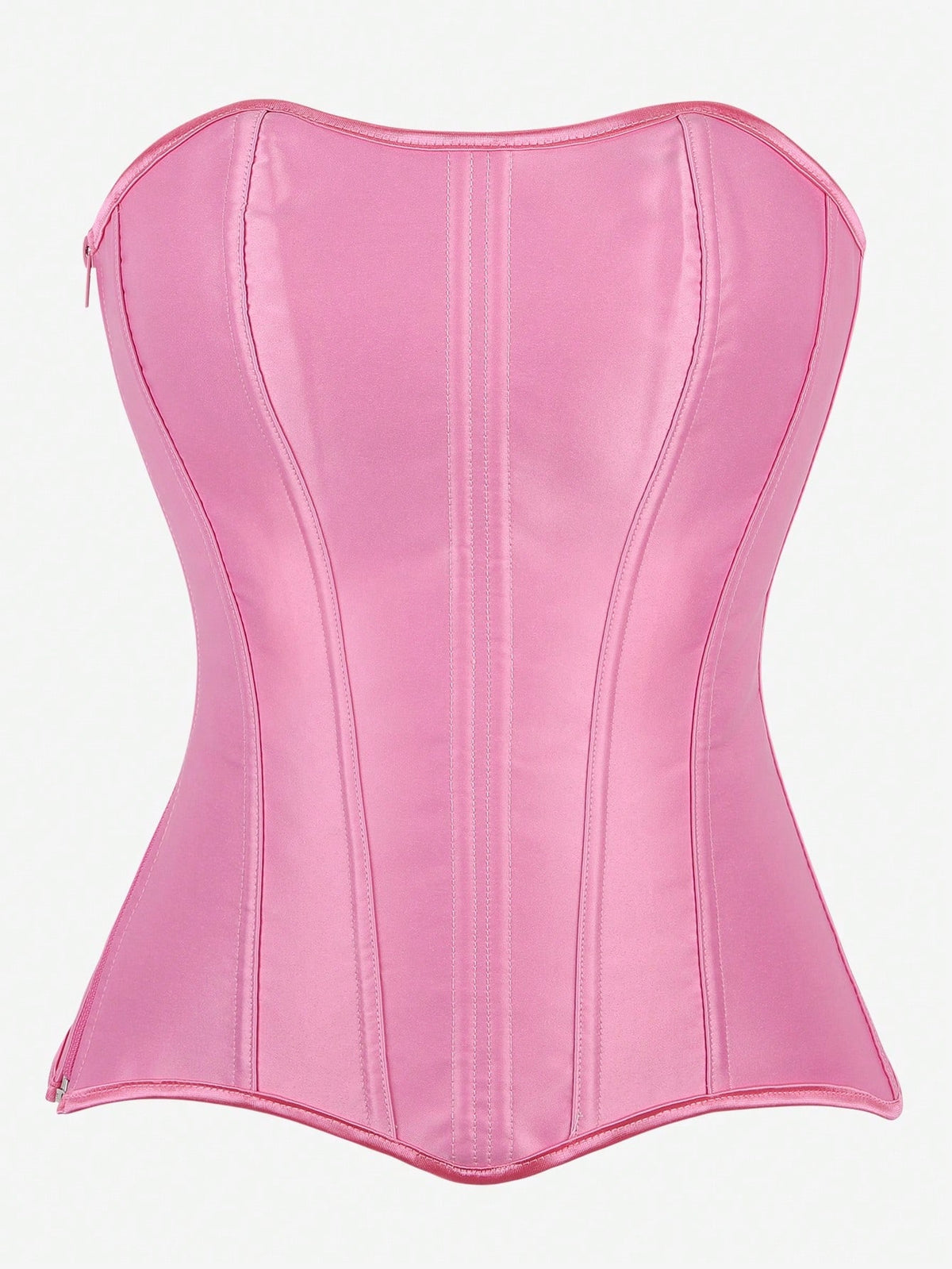 Black overbust corset top bustier with 11 steel bones, side zipper, and grommet eyelet detailing for waist shaping.