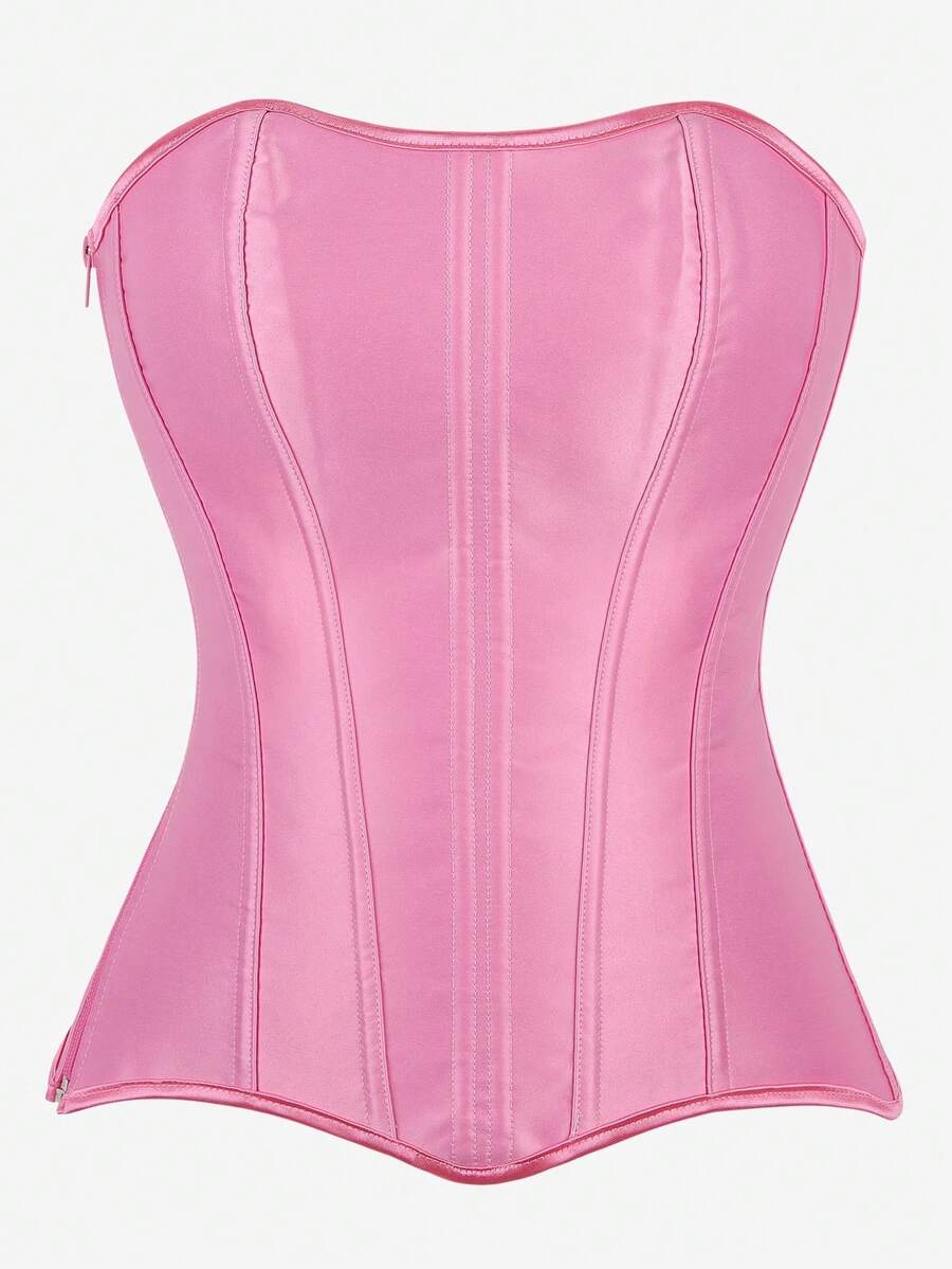 Black overbust corset top bustier with 11 steel bones, side zipper, and grommet eyelet detailing for waist shaping.