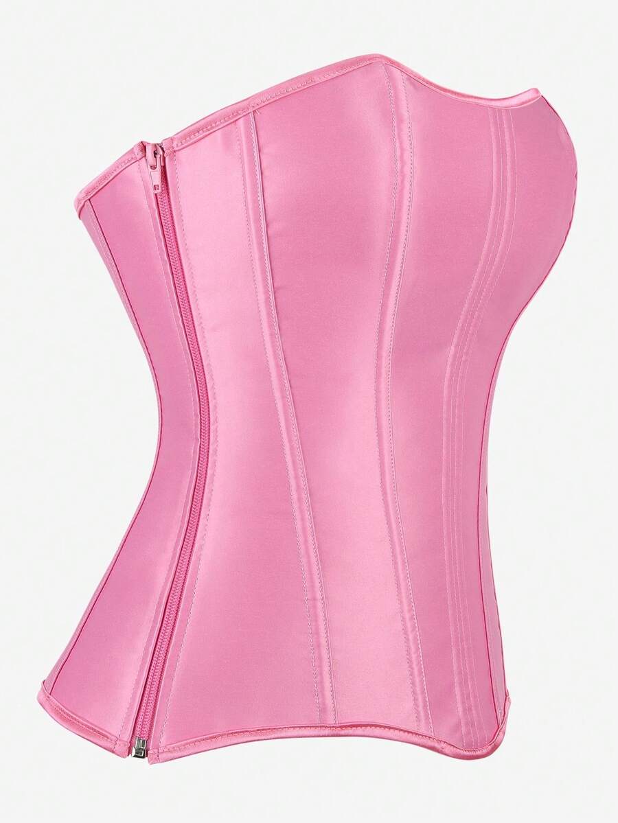 Black overbust corset top bustier with 11 steel bones, side zipper, and grommet eyelet detailing for waist shaping.