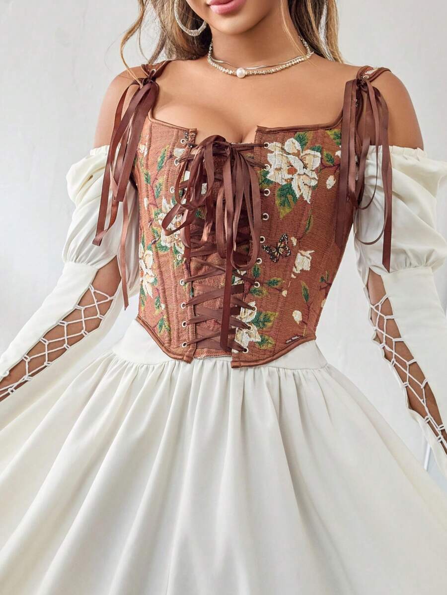 Women's retro floral print bustier top with shoulder straps, lace-up tie back, zipper, and boned construction in a romantic vintage style.