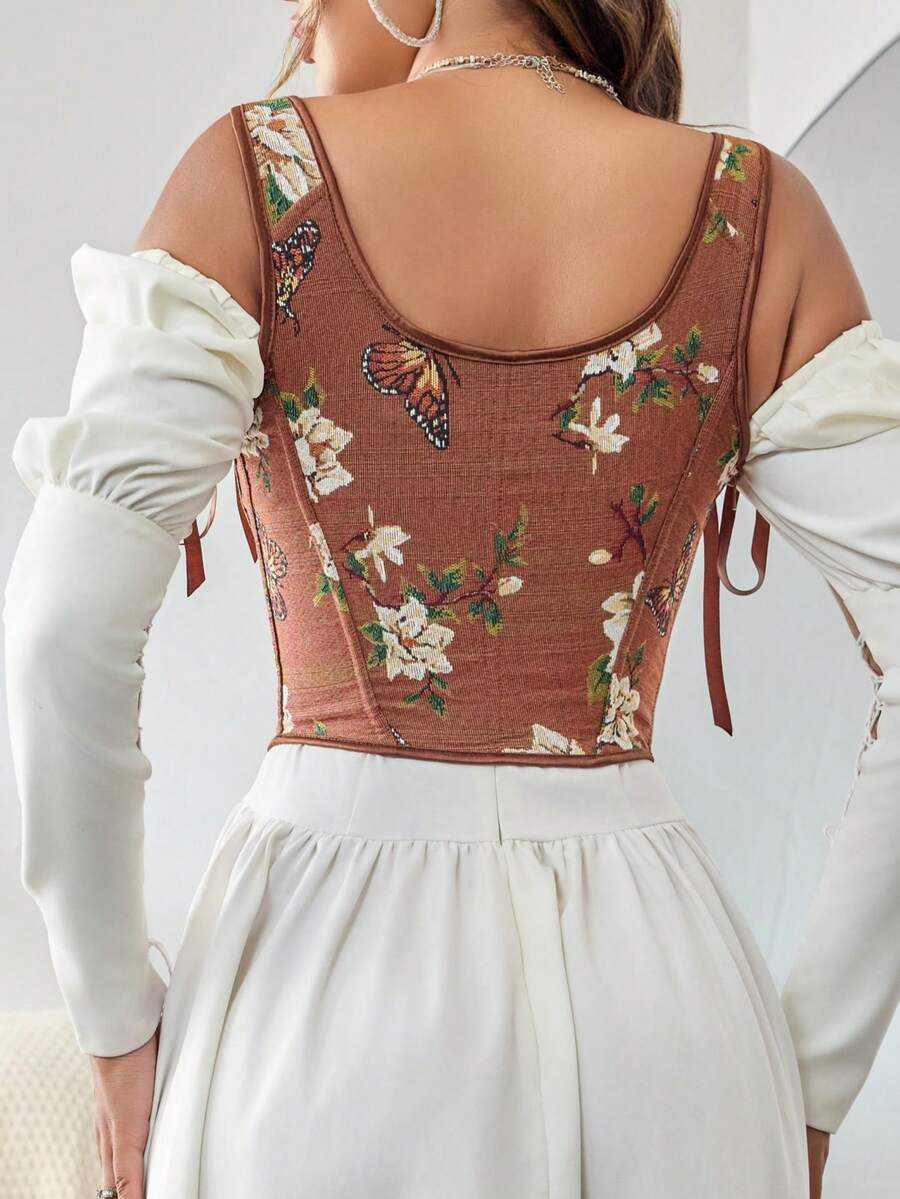Women's retro floral print bustier top with shoulder straps, lace-up tie back, zipper, and boned construction in a romantic vintage style.