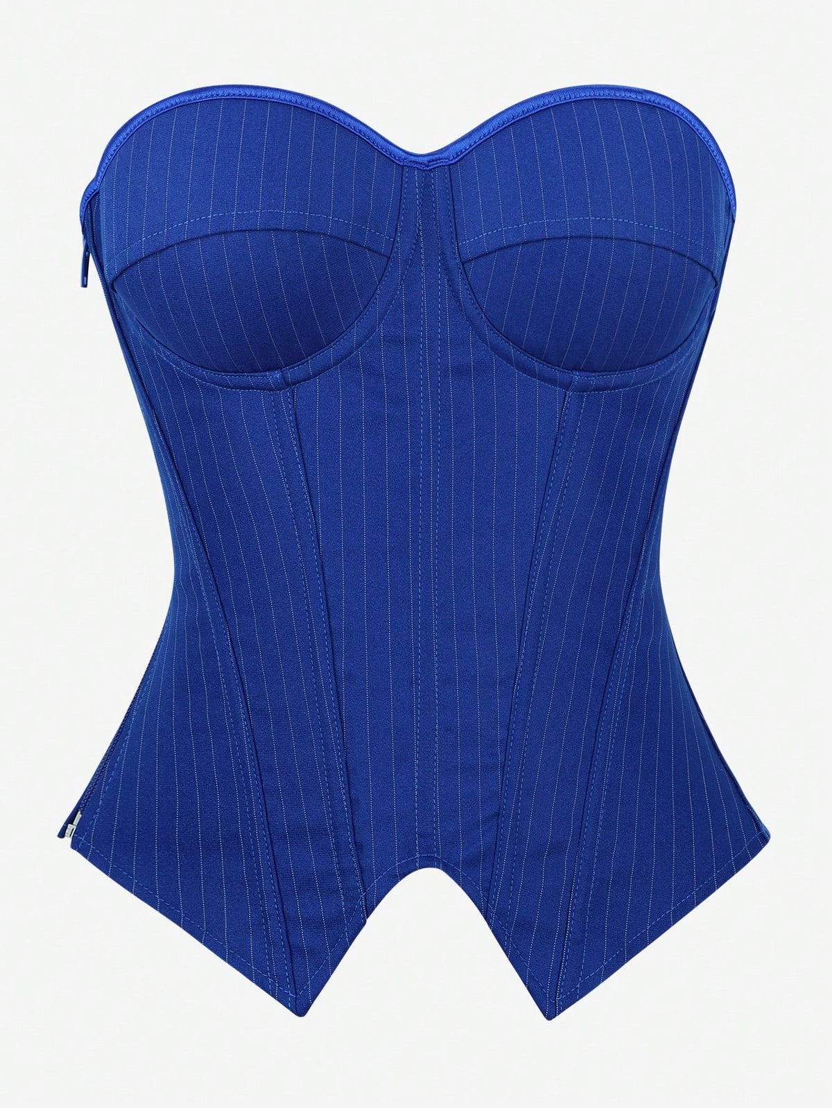 Black overbust corset top with strapless design, boned support, tie-back and zipper closure for women shapewear styling.