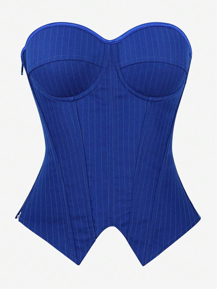 Black overbust corset top with strapless design, boned support, tie-back and zipper closure for women shapewear styling.