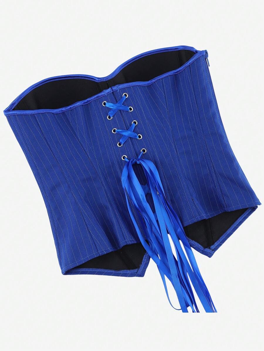 Black overbust corset top with strapless design, boned support, tie-back and zipper closure for women shapewear styling.