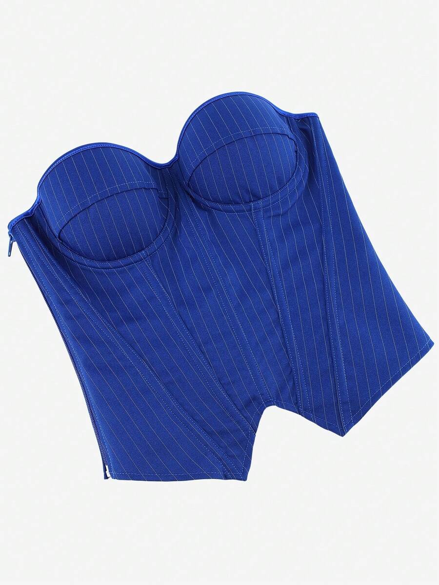 Black overbust corset top with strapless design, boned support, tie-back and zipper closure for women shapewear styling.