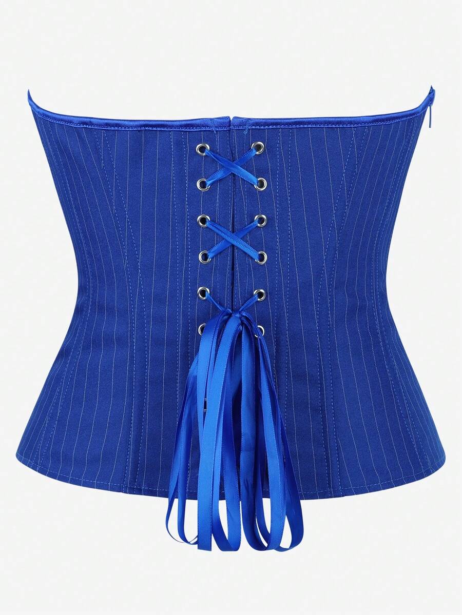 Black overbust corset top with strapless design, boned support, tie-back and zipper closure for women shapewear styling.
