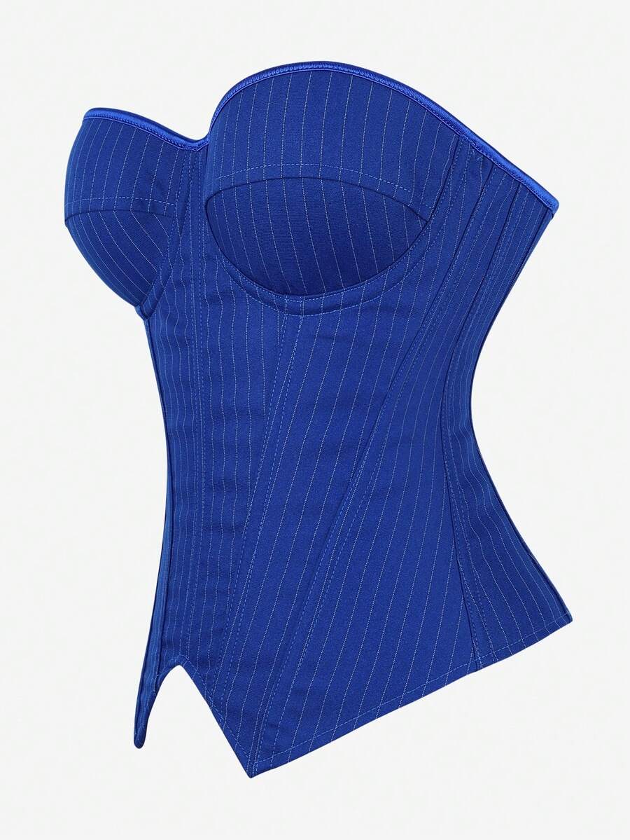 Black overbust corset top with strapless design, boned support, tie-back and zipper closure for women shapewear styling.