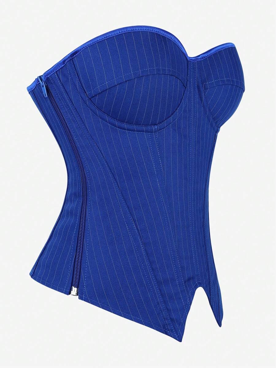 Black overbust corset top with strapless design, boned support, tie-back and zipper closure for women shapewear styling.
