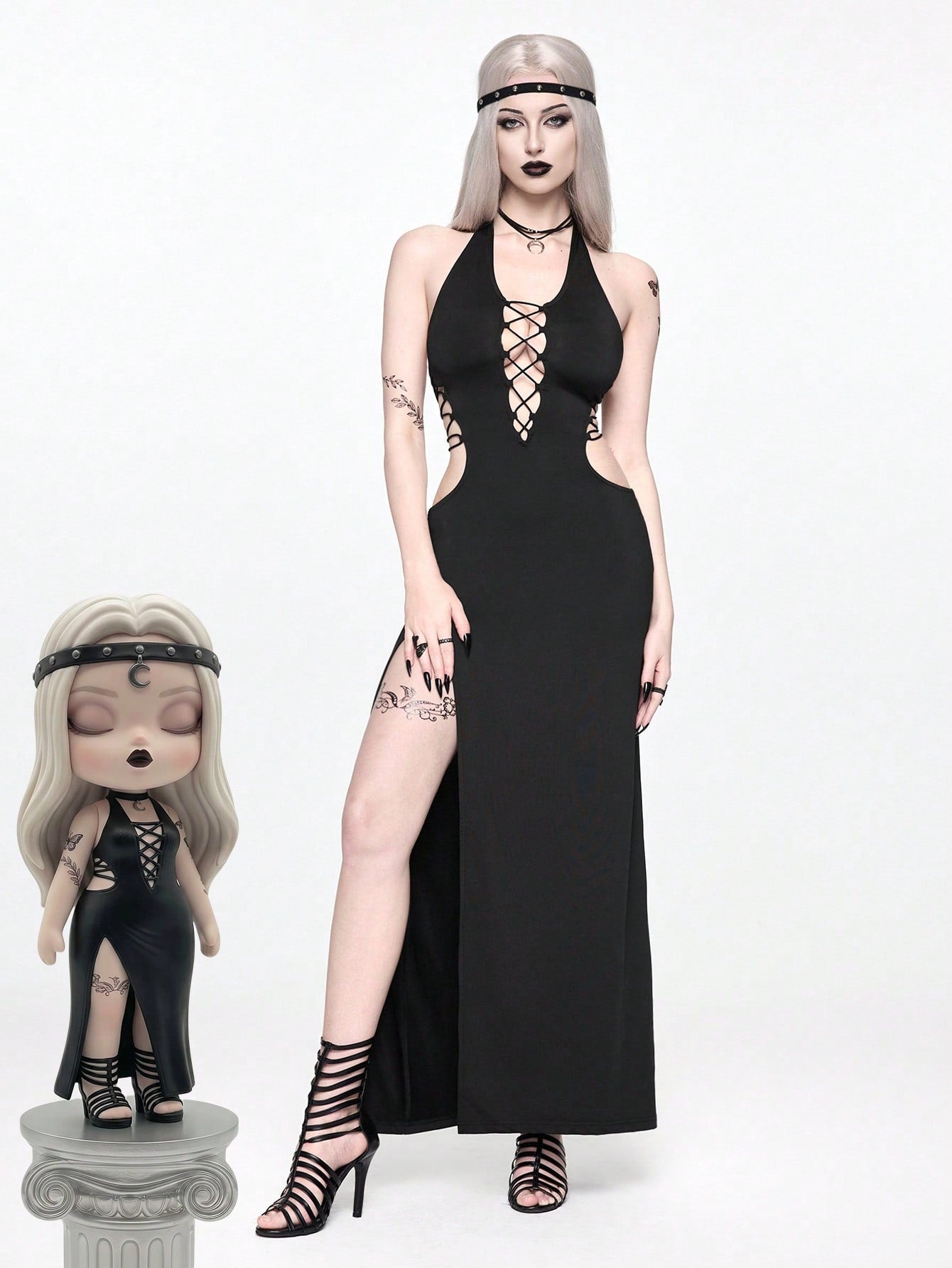 Front view of women's black halter backless maxi dress featuring a high split thigh and slim fit bodycon silhouette.