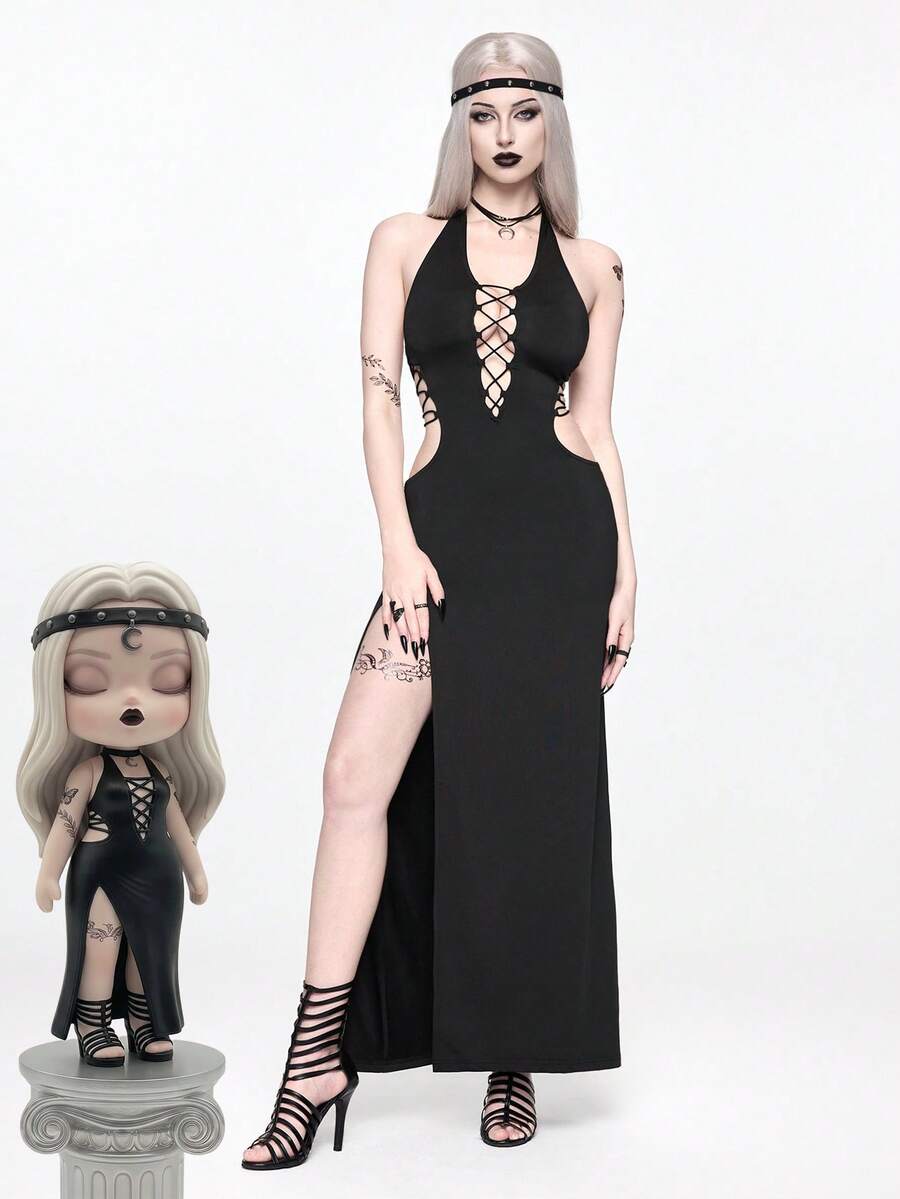 Front view of women's black halter backless maxi dress featuring a high split thigh and slim fit bodycon silhouette.