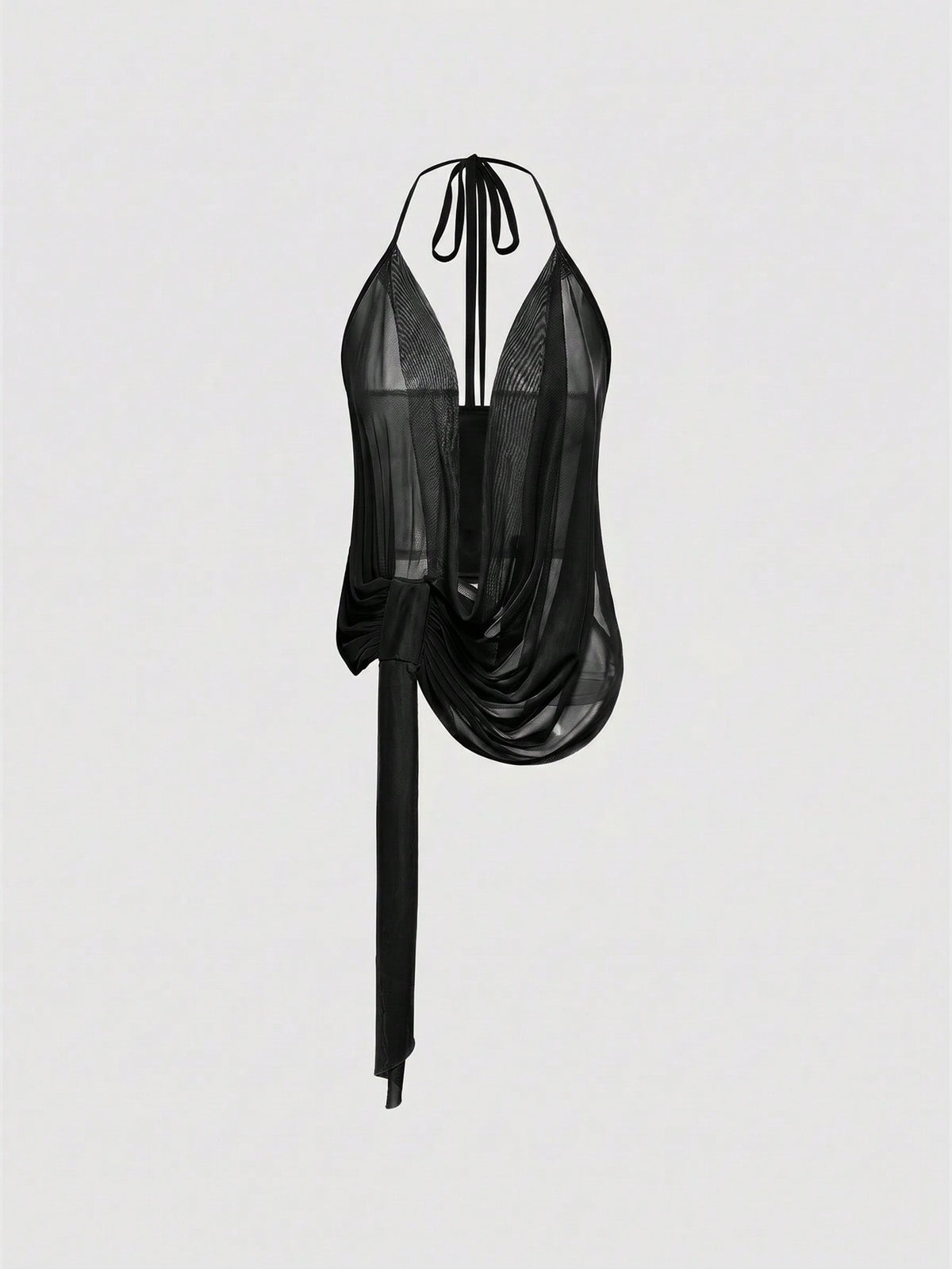 Black sheer mesh halter cami top featuring a backless design, asymmetrical hem, and knot details.