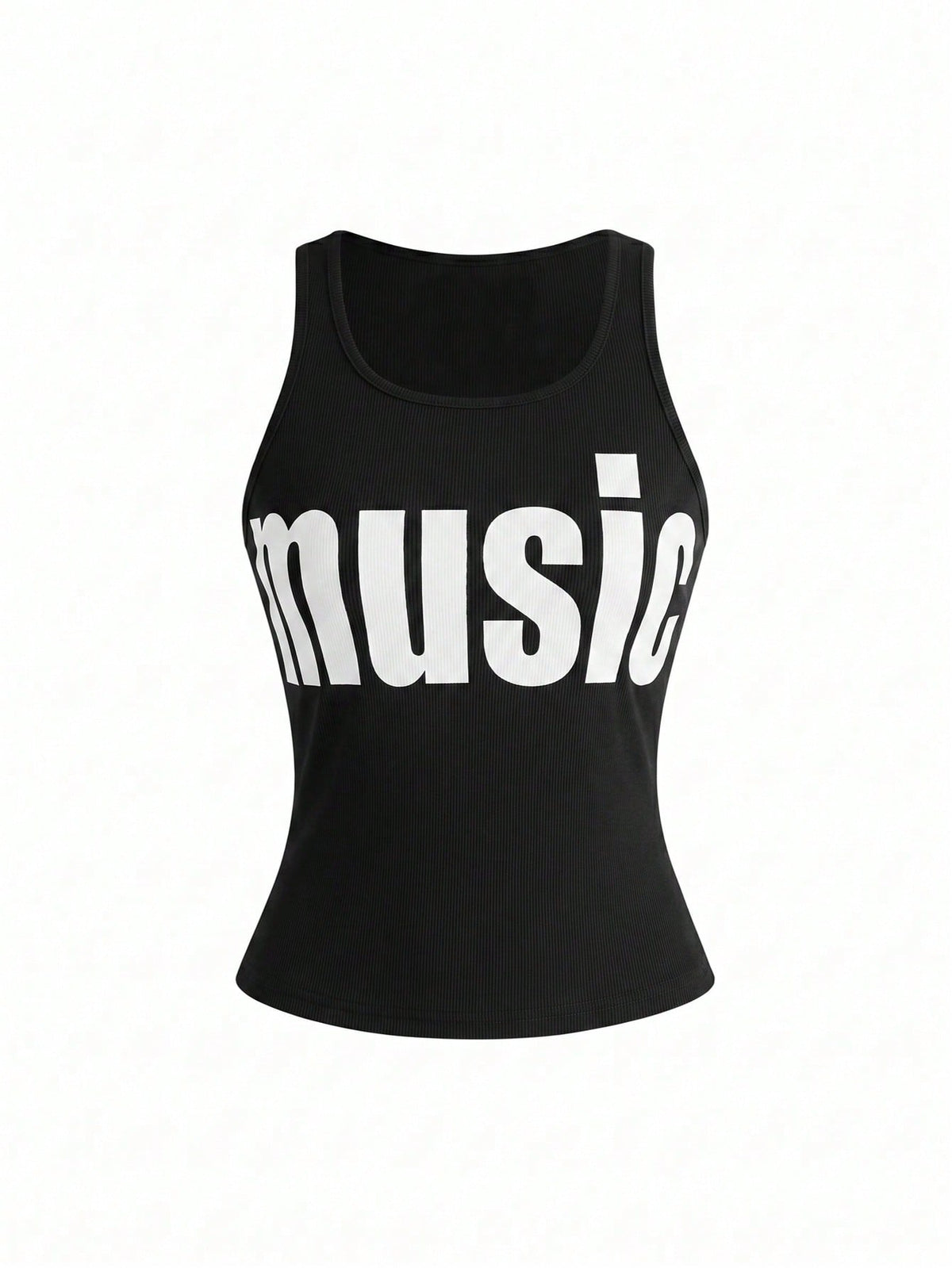 Women's slim fit scoop neck tank top in knitted fabric featuring a bold graphic letter slogan print on the front.