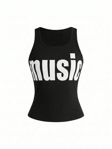 Women's slim fit scoop neck tank top in knitted fabric featuring a bold graphic letter slogan print on the front.