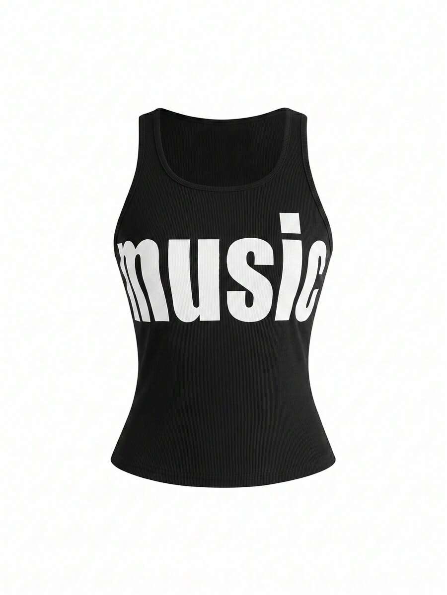 Women's slim fit scoop neck tank top in knitted fabric featuring a bold graphic letter slogan print on the front.