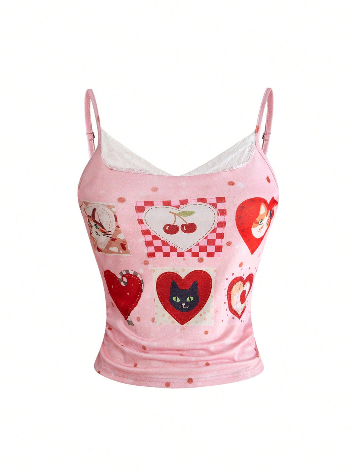 Pink slim fit spaghetti strap camisole top with contrast lace patchwork detail.