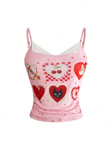 Pink slim fit spaghetti strap camisole top with contrast lace patchwork detail.