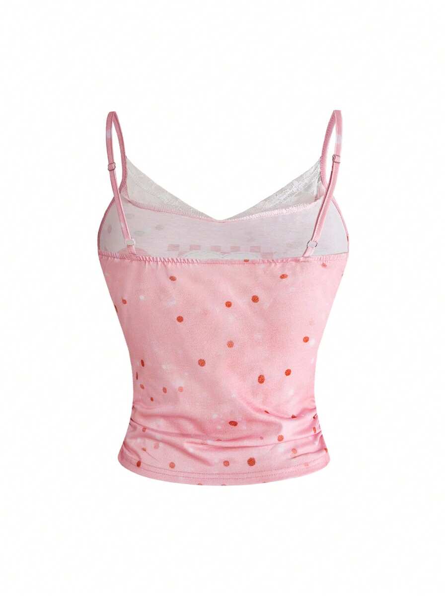 Pink slim fit spaghetti strap camisole top with contrast lace patchwork detail.
