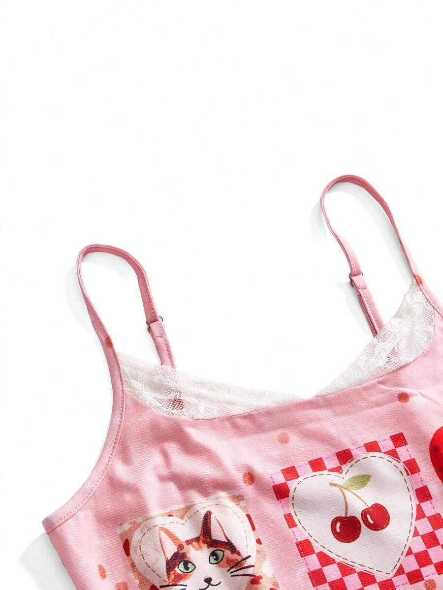 Pink slim fit spaghetti strap camisole top with contrast lace patchwork detail.