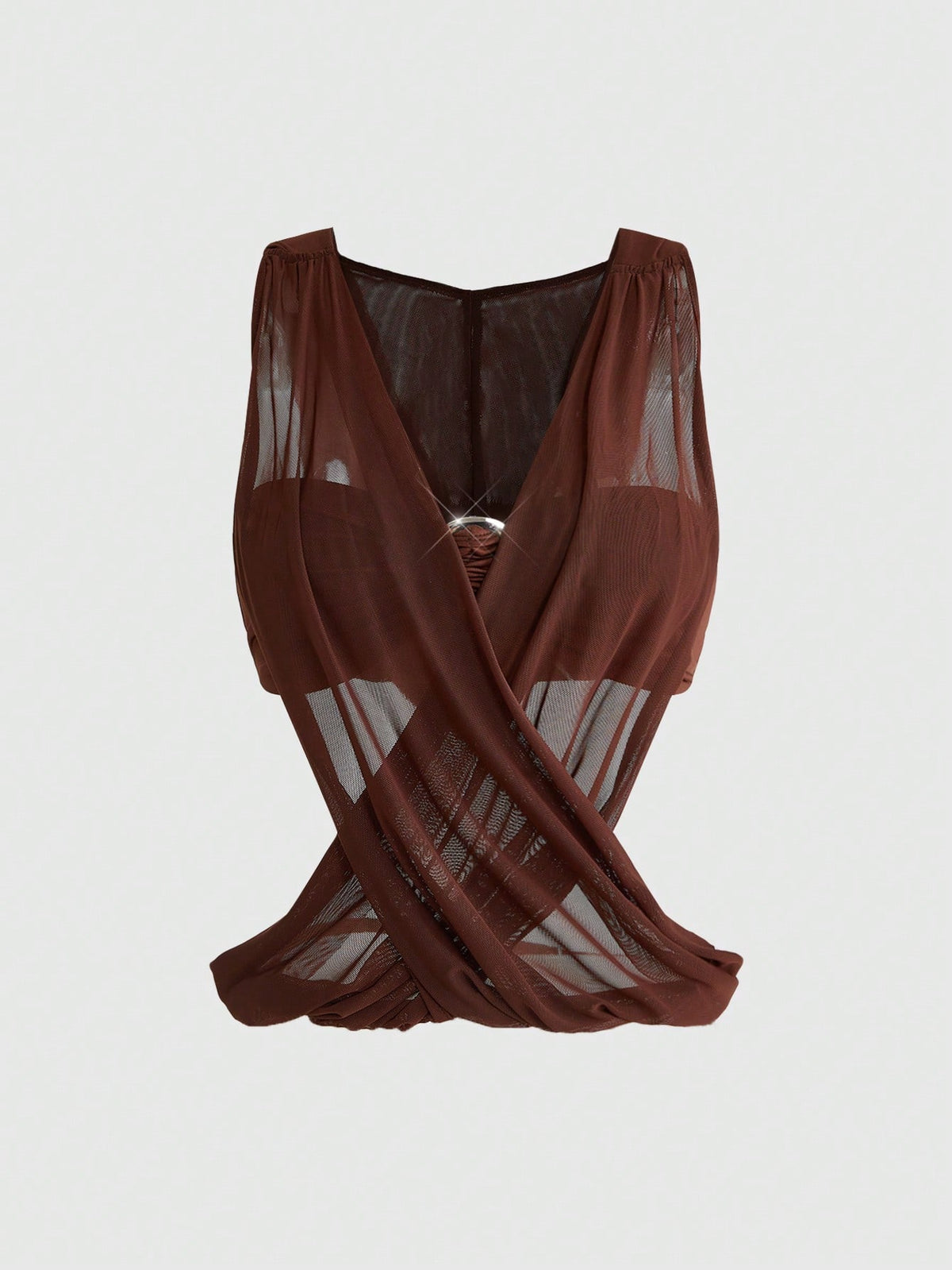 Women's black sheer hooded two-piece top set featuring a striped asymmetrical wrap design and sleeveless inner top.