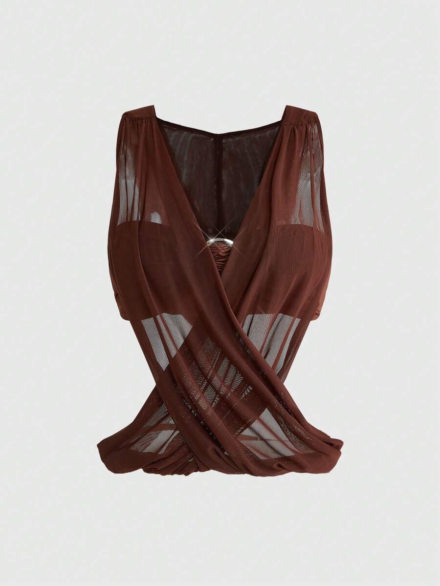 Women's black sheer hooded two-piece top set featuring a striped asymmetrical wrap design and sleeveless inner top.