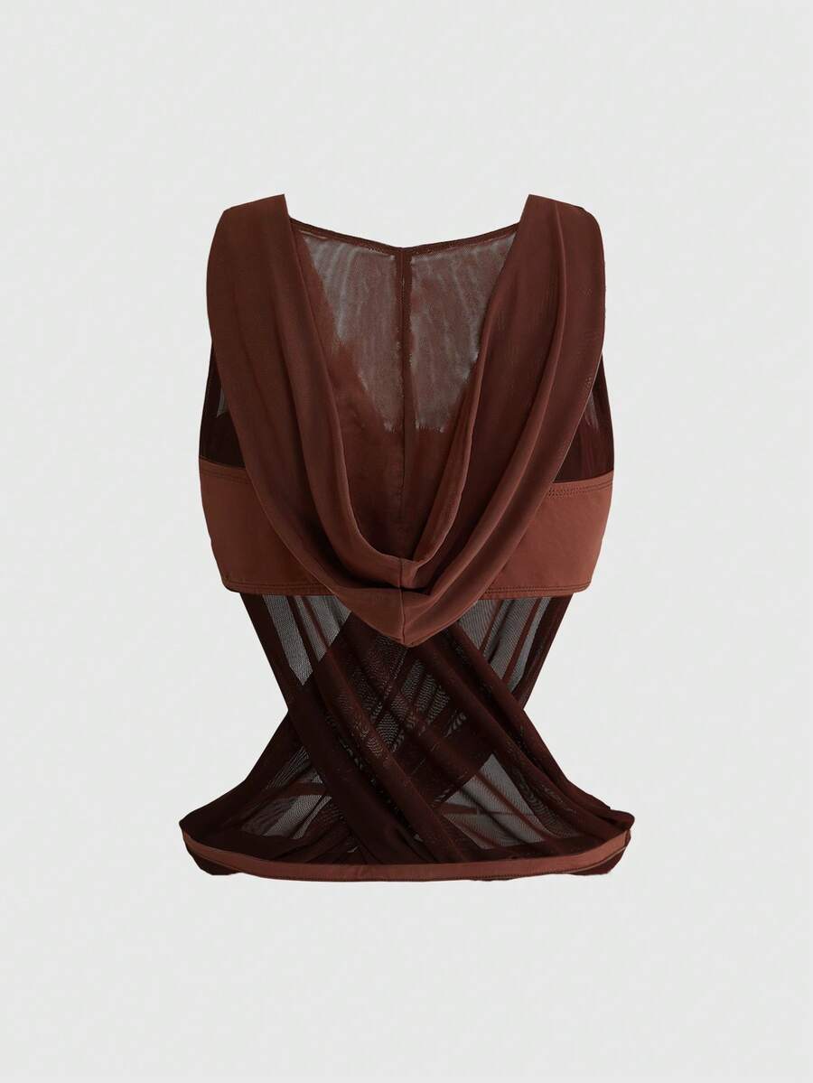Women's black sheer hooded two-piece top set featuring a striped asymmetrical wrap design and sleeveless inner top.