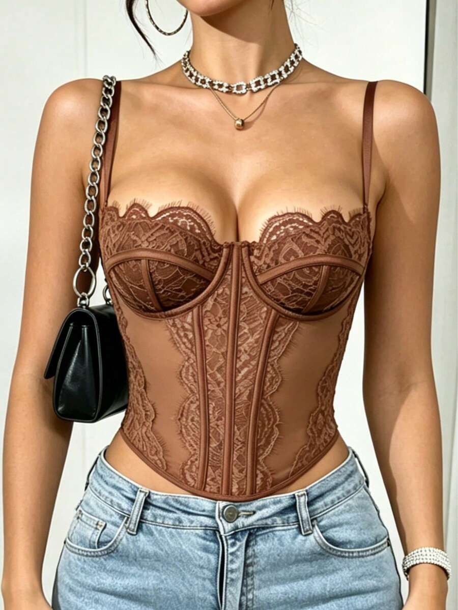 Women's black lace crop camisole featuring a deep V-neckline, slim fit silhouette, and matching arm sleeves.