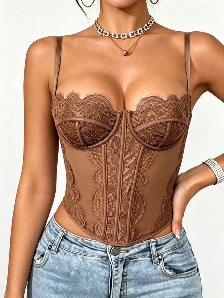 Women's black lace crop camisole featuring a deep V-neckline, slim fit silhouette, and matching arm sleeves.