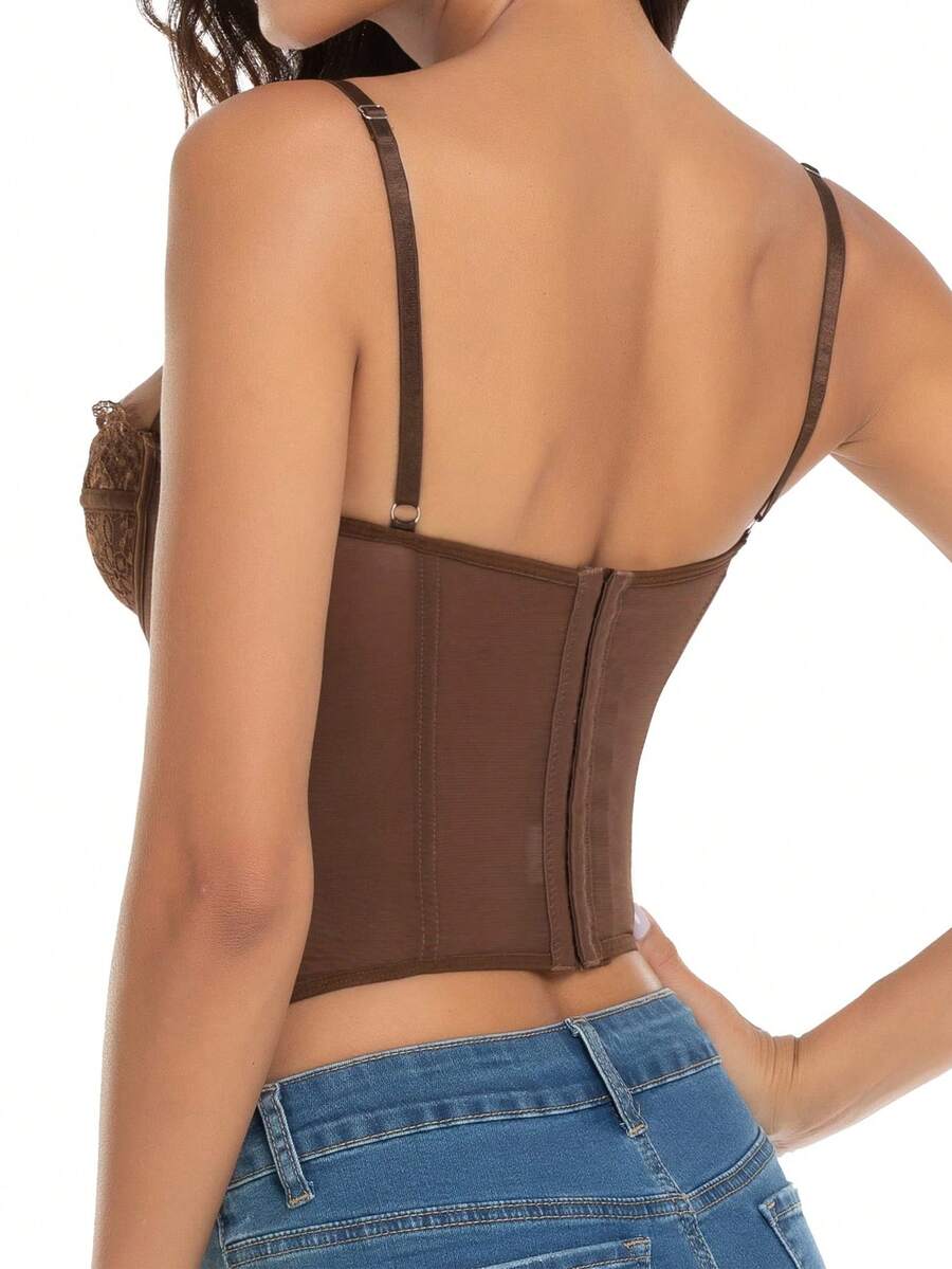 Women's black lace crop camisole featuring a deep V-neckline, slim fit silhouette, and matching arm sleeves.