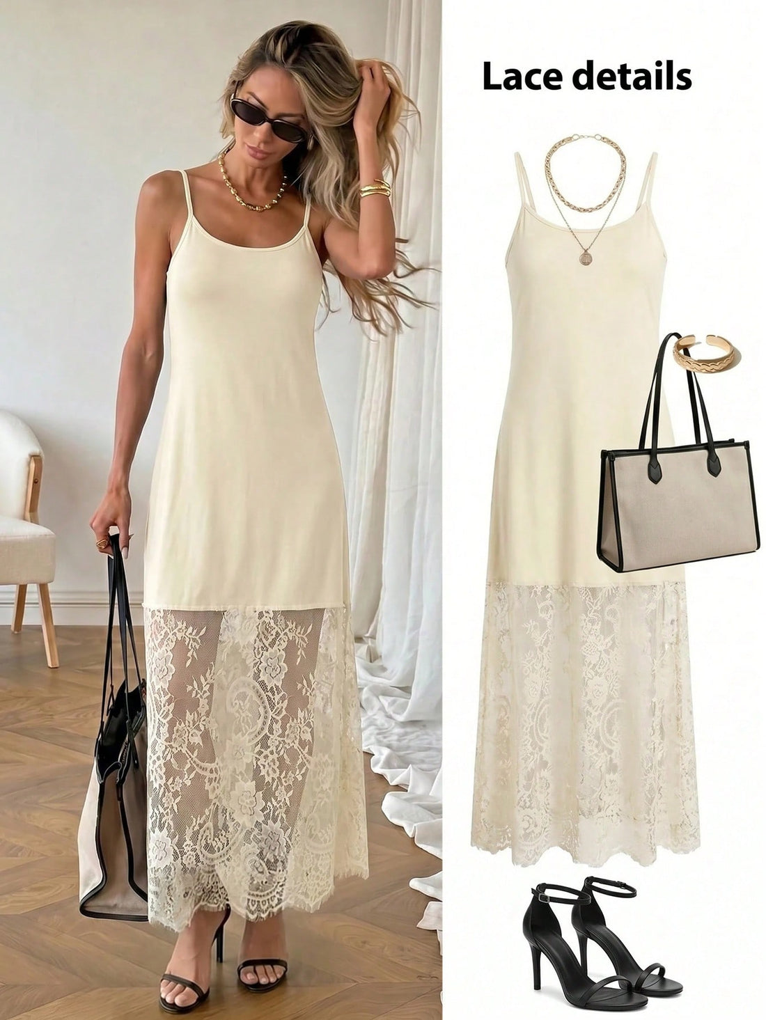 Women's elegant apricot contrast lace spaghetti strap midi dress in a slim fit cami style.