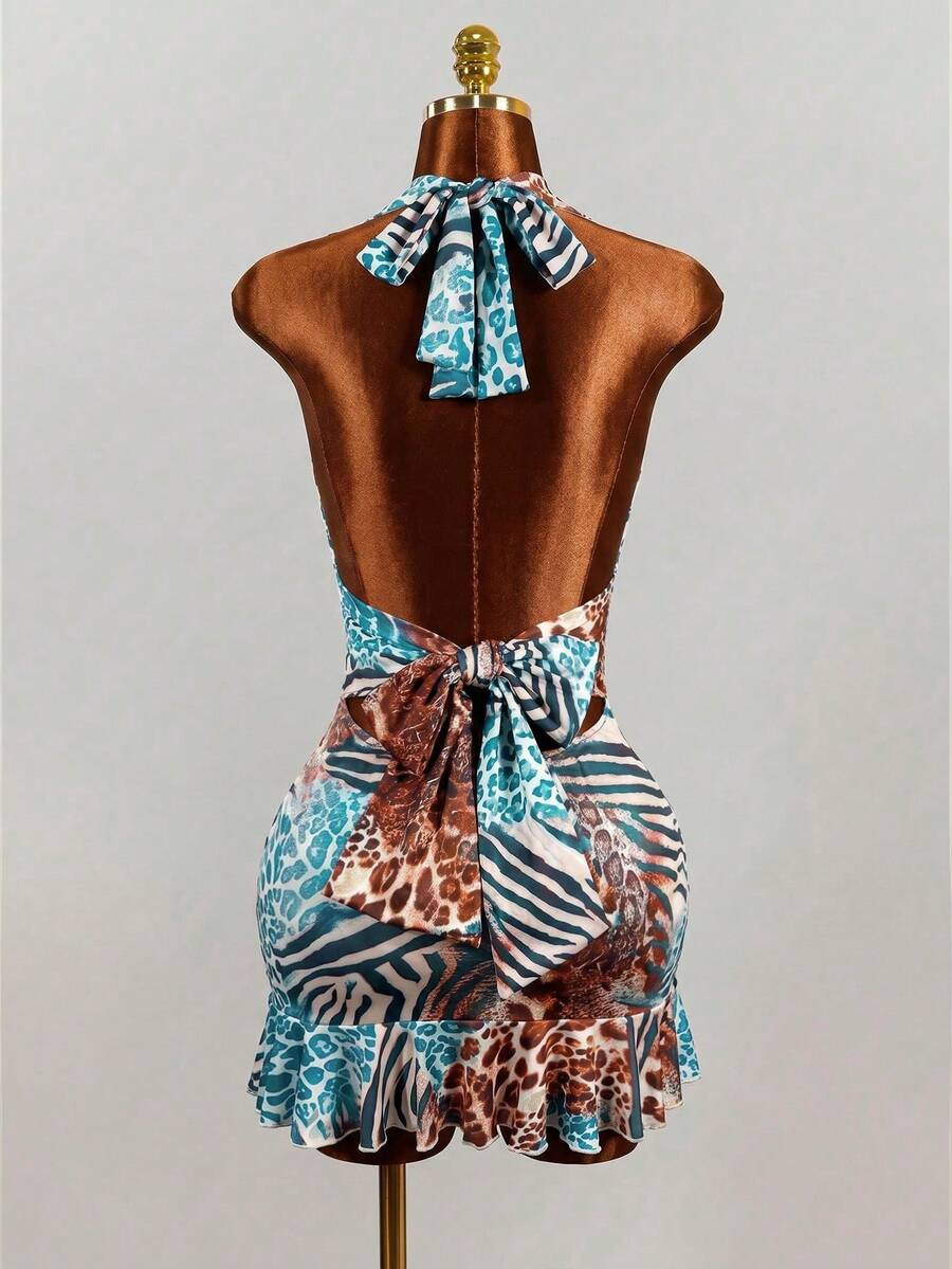 Women's white sleeveless halter bodycon mini dress featuring a deep V backless cut, large back bow, high waist, and ruffle pencil hem.