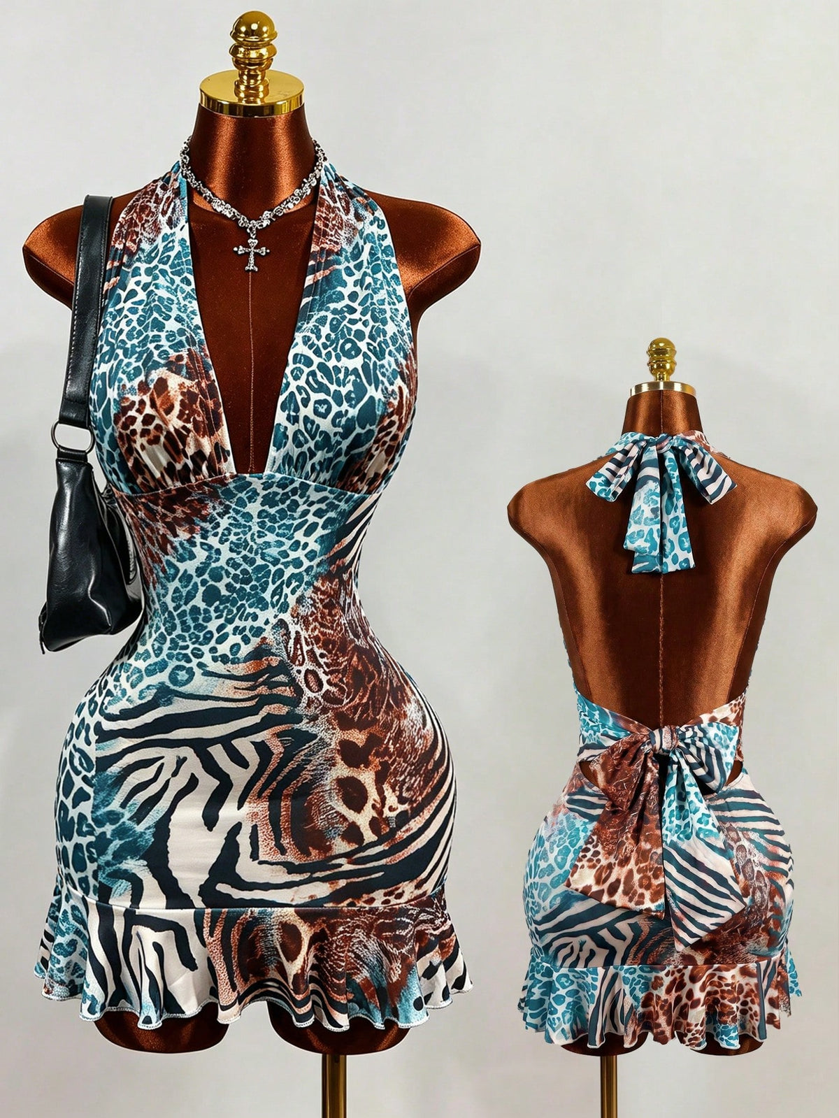 Women's white sleeveless halter bodycon mini dress featuring a deep V backless cut, large back bow, high waist, and ruffle pencil hem.