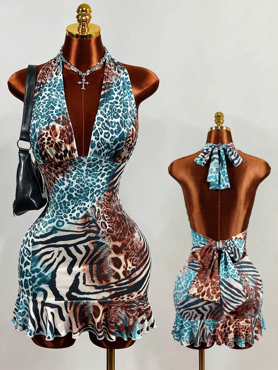 Women's white sleeveless halter bodycon mini dress featuring a deep V backless cut, large back bow, high waist, and ruffle pencil hem.