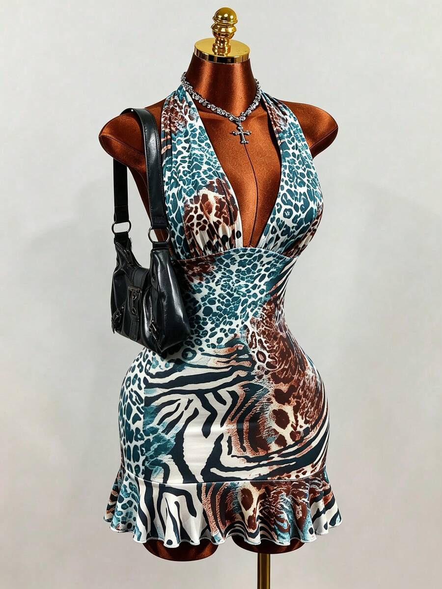 Women's white sleeveless halter bodycon mini dress featuring a deep V backless cut, large back bow, high waist, and ruffle pencil hem.