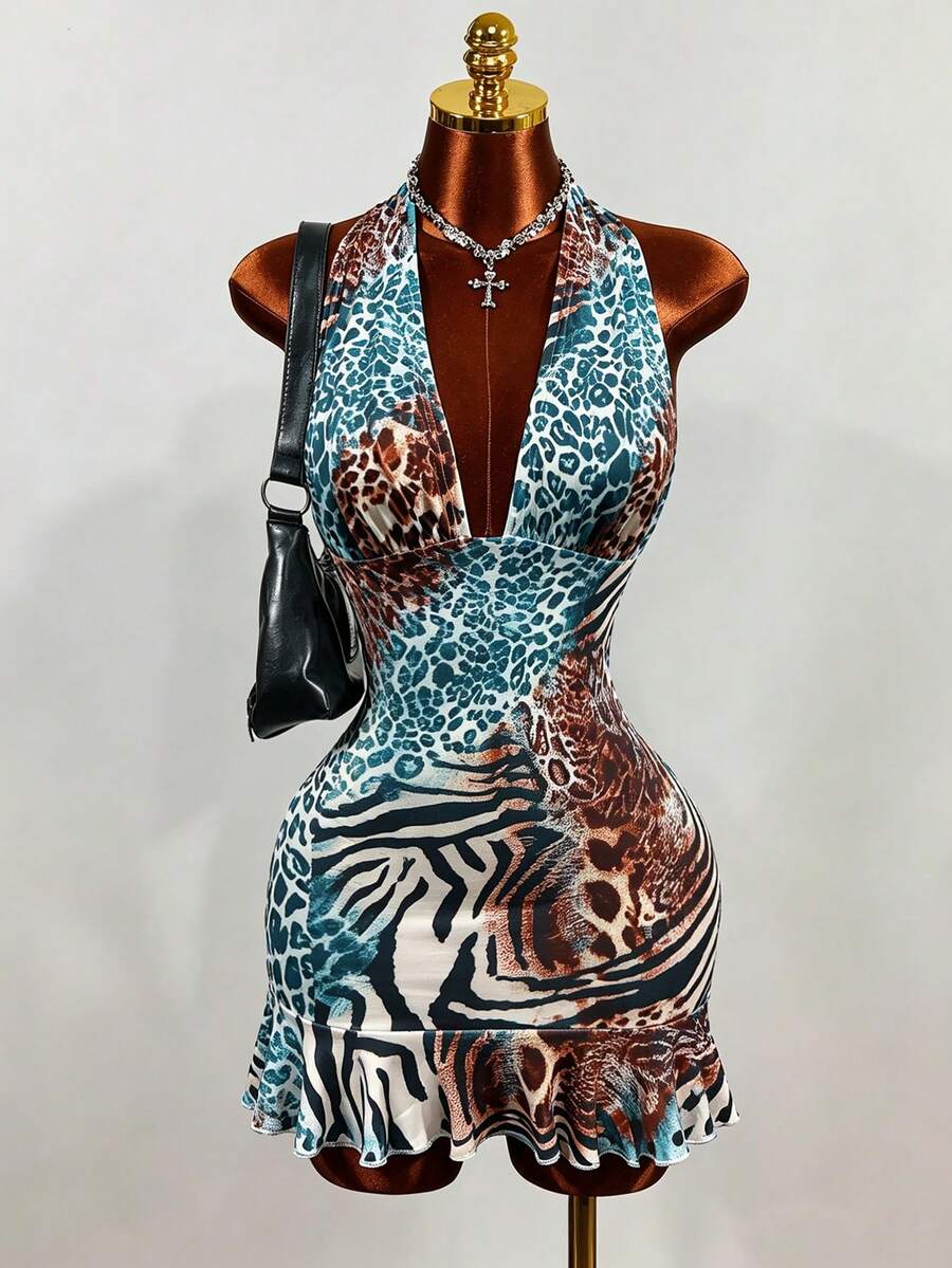 Women's white sleeveless halter bodycon mini dress featuring a deep V backless cut, large back bow, high waist, and ruffle pencil hem.