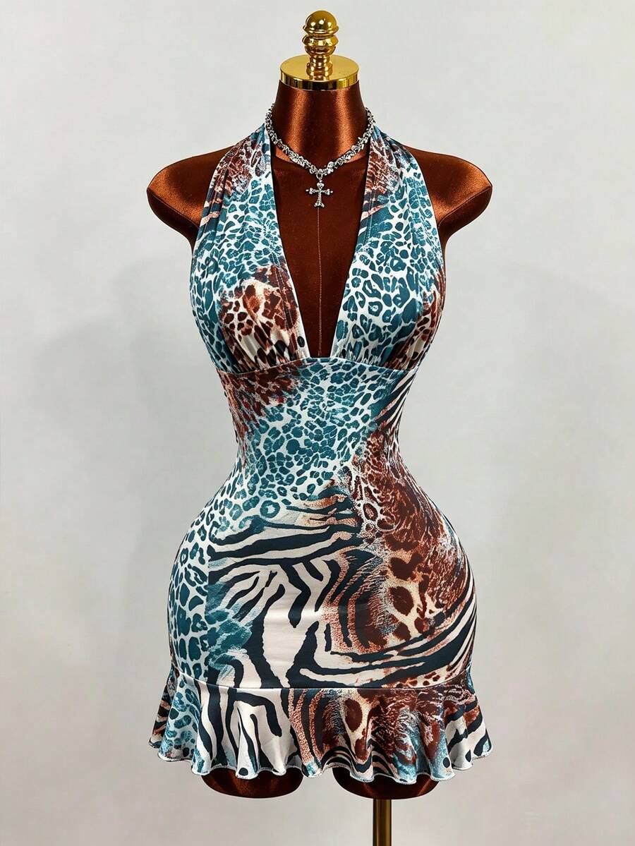 Women's white sleeveless halter bodycon mini dress featuring a deep V backless cut, large back bow, high waist, and ruffle pencil hem.