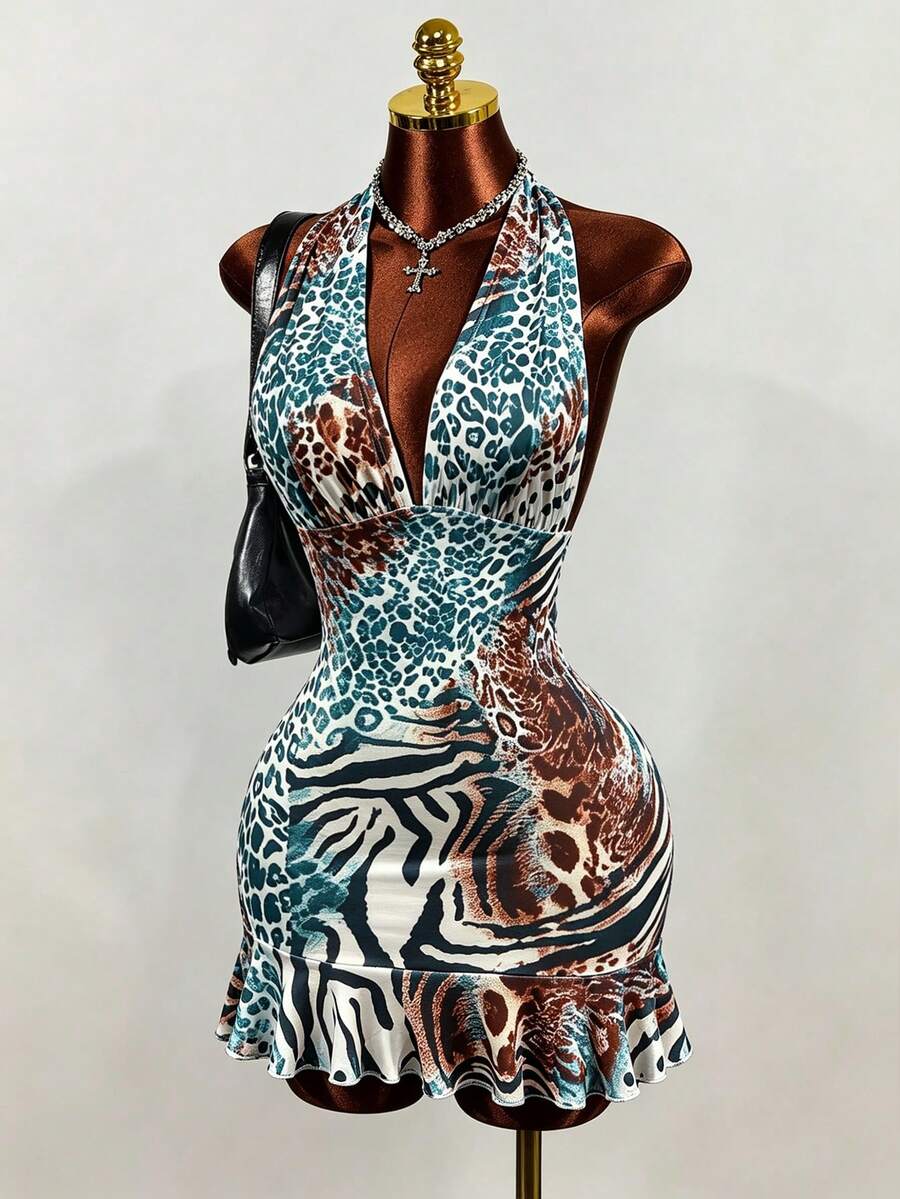 Women's white sleeveless halter bodycon mini dress featuring a deep V backless cut, large back bow, high waist, and ruffle pencil hem.
