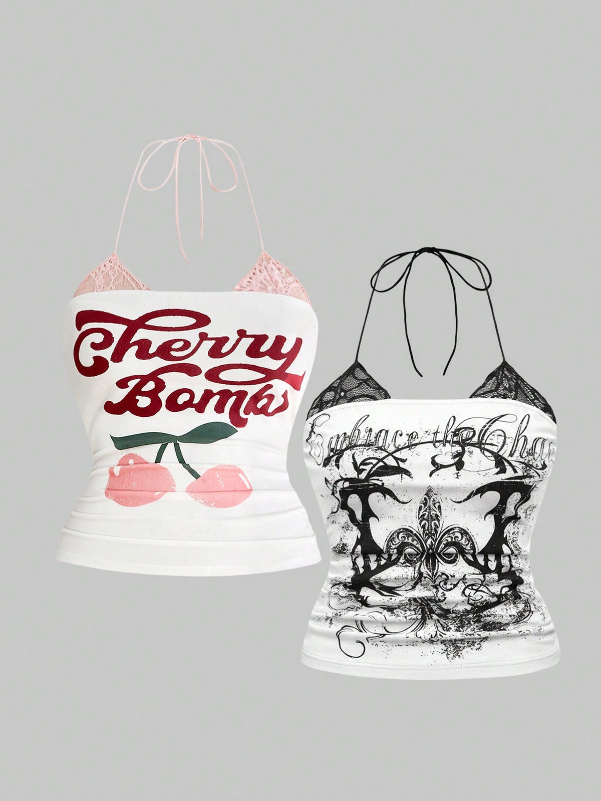 Multicolor graphic crop halter top with contrast lace trim and knot detail in a slim fit stretch knit fabric.