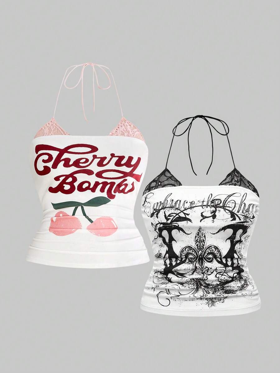 Multicolor graphic crop halter top with contrast lace trim and knot detail in a slim fit stretch knit fabric.