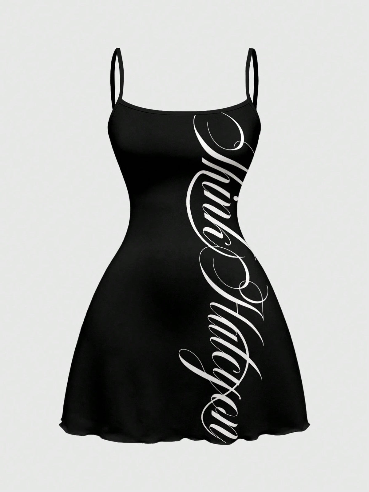 Women's black backless cami mini dress featuring spaghetti straps, lettuce trim, and a flared hem in high stretch knitted fabric.