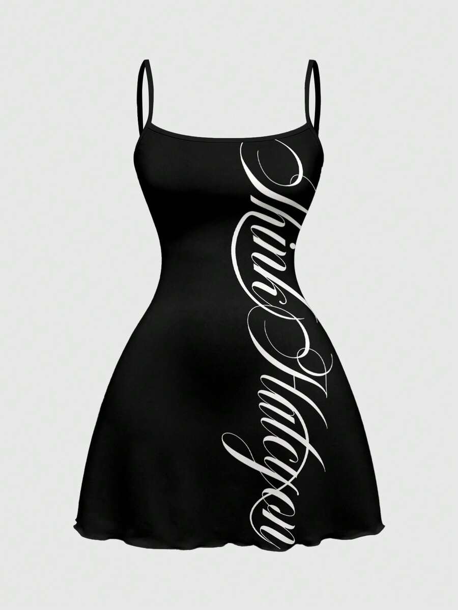 Women's black backless cami mini dress featuring spaghetti straps, lettuce trim, and a flared hem in high stretch knitted fabric.