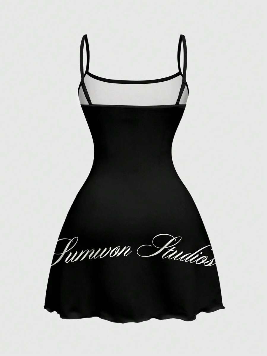 Women's black backless cami mini dress featuring spaghetti straps, lettuce trim, and a flared hem in high stretch knitted fabric.