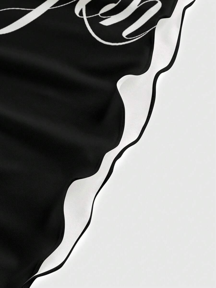 Women's black backless cami mini dress featuring spaghetti straps, lettuce trim, and a flared hem in high stretch knitted fabric.