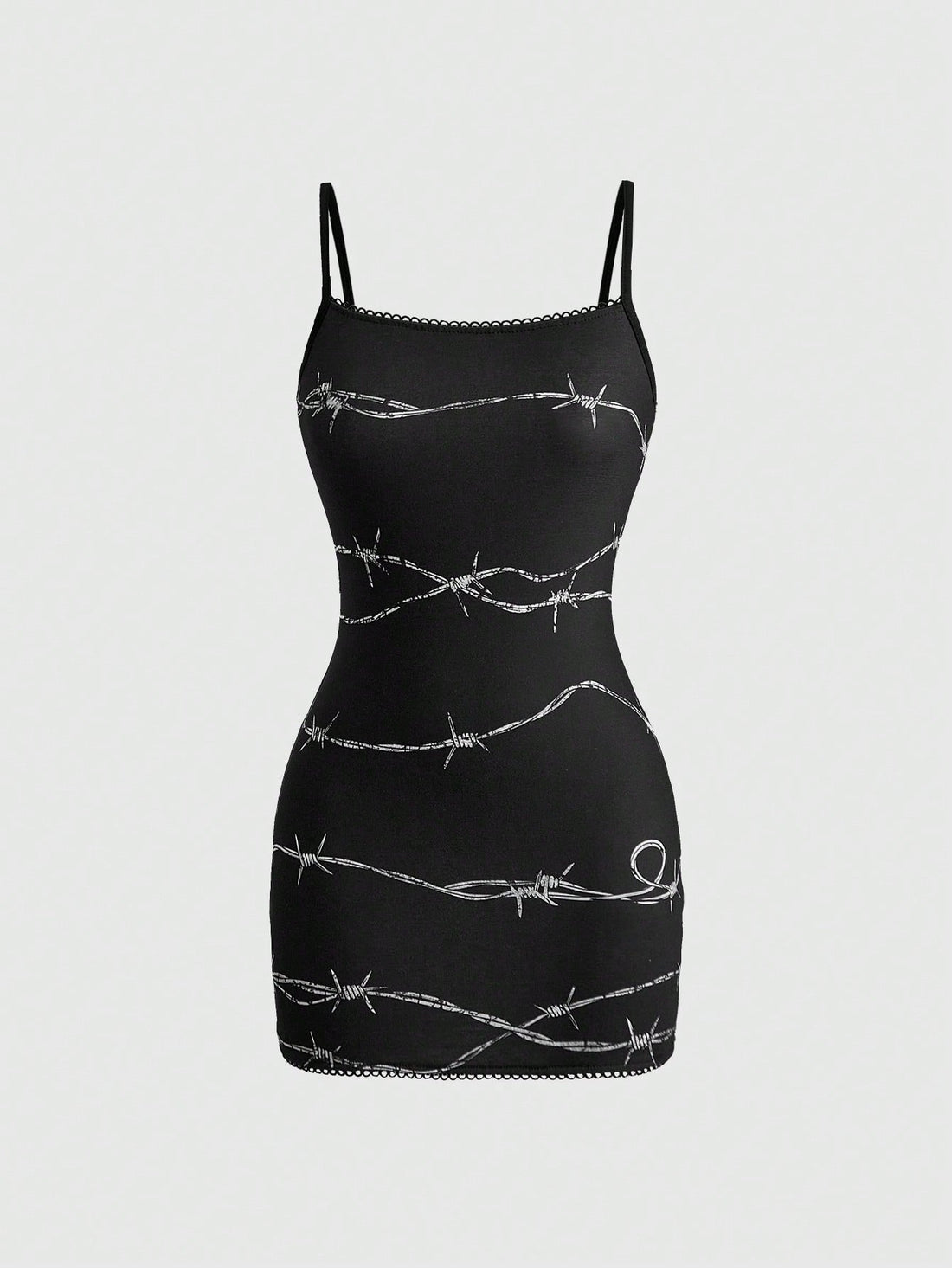 Women wearing a black thorn pattern goth bodycon mini dress with spaghetti straps and a slim fit pencil hem.