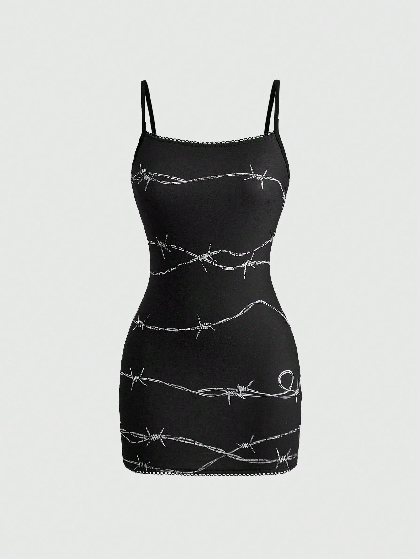 Women wearing a black thorn pattern goth bodycon mini dress with spaghetti straps and a slim fit pencil hem.